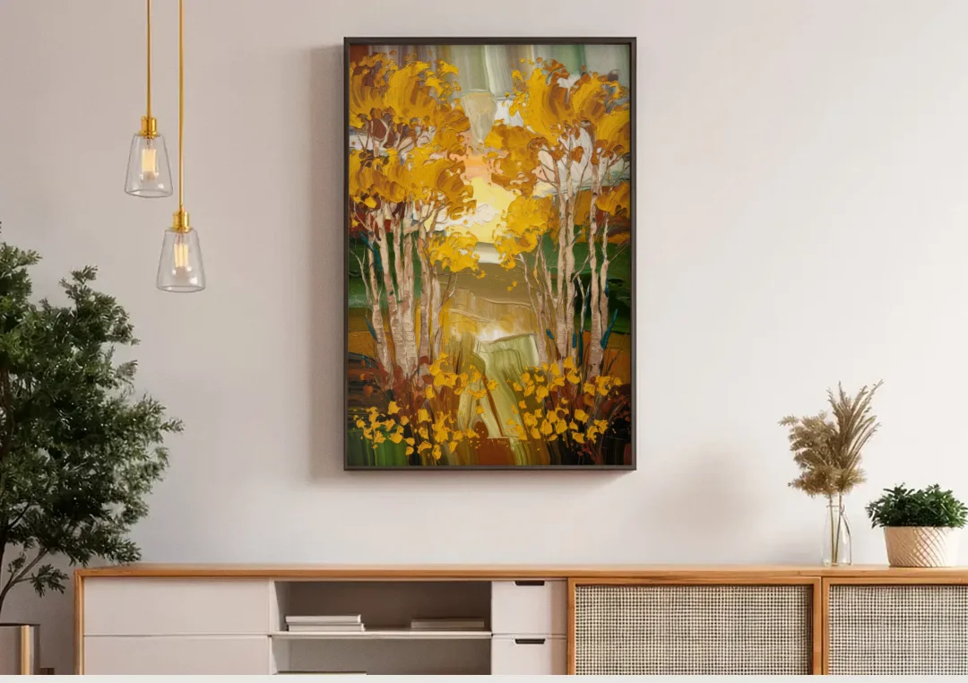 Aspen Golden Trees canvas wall art above a wooden sideboard under pendant lights