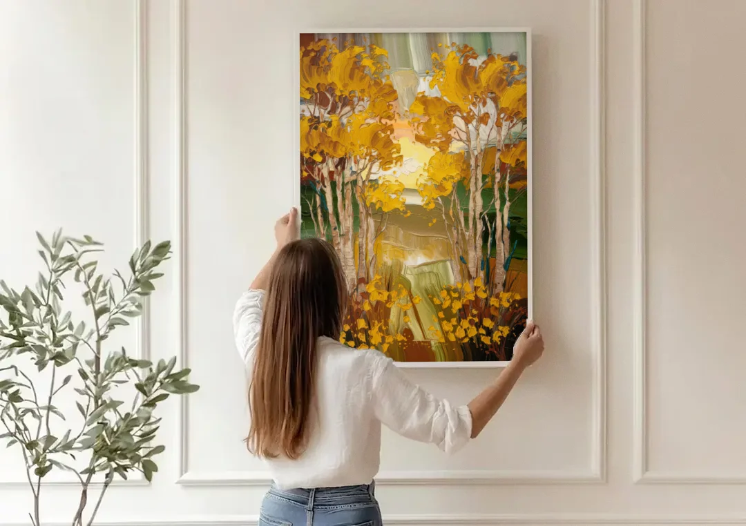 Aspen Golden Trees canvas wall art being hung on a paneled wall