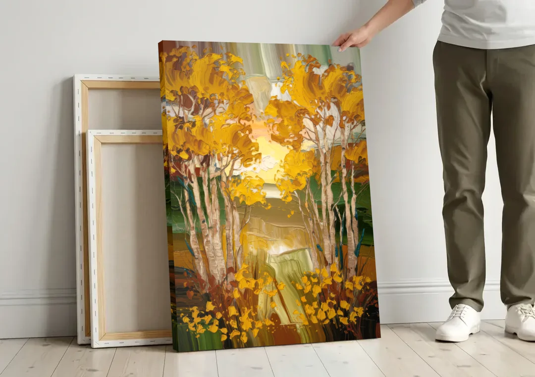 Aspen Golden Trees canvas wall art leaning against a wall next to blank canvases