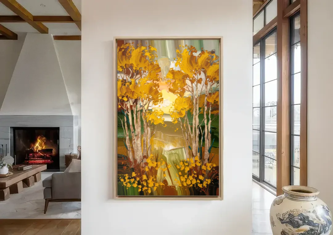 Aspen Golden Trees canvas wall art in a living room with a fireplace