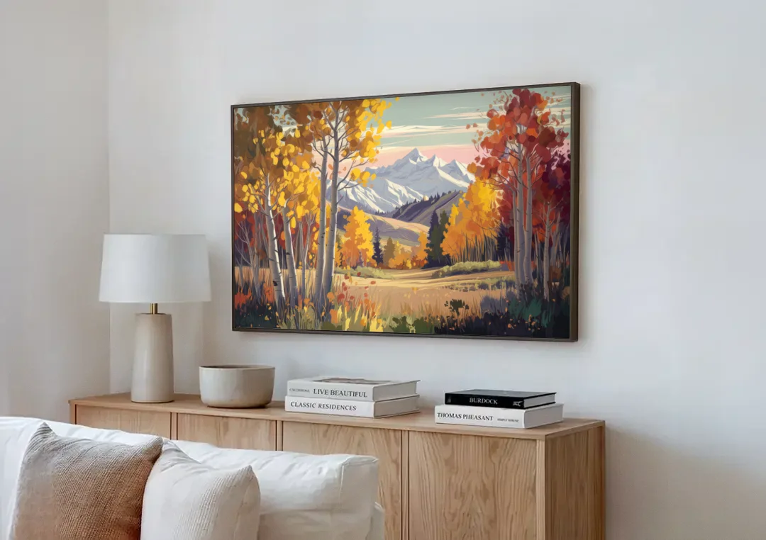 Aspen Majestic Landscape canvas wall art above a wooden sideboard next to a sofa