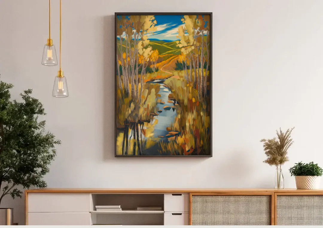 Aspen Nature Escape canvas wall art above a wooden sideboard under pendant lights