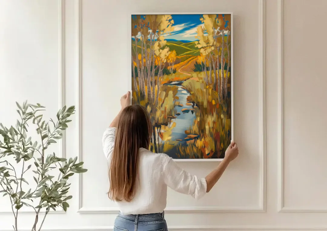 Aspen Nature Escape canvas wall art being hung on a paneled wall