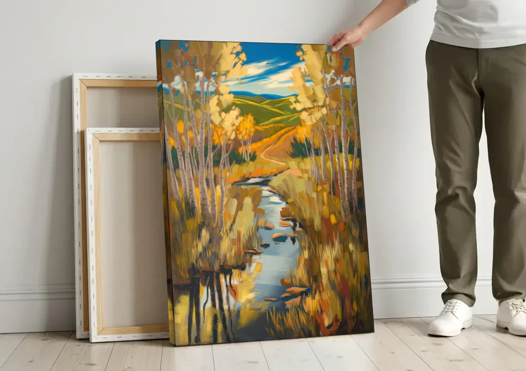 Aspen Nature Escape canvas wall art leaning against a wall next to blank canvases