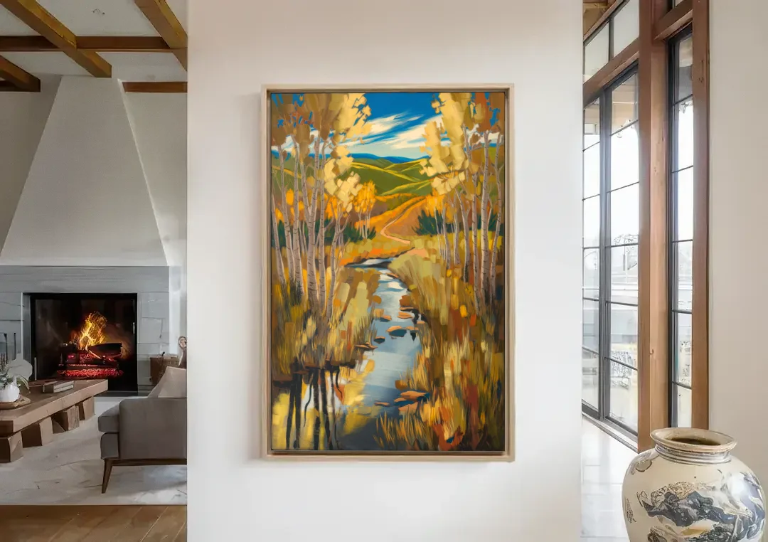 Aspen Nature Escape canvas wall art in a living room with a fireplace