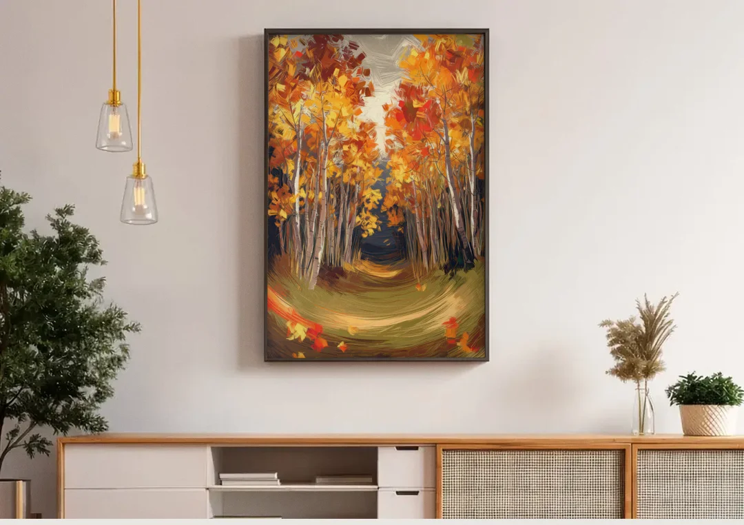 Aspen Quaking Leaves canvas wall art above a wooden sideboard under pendant lights