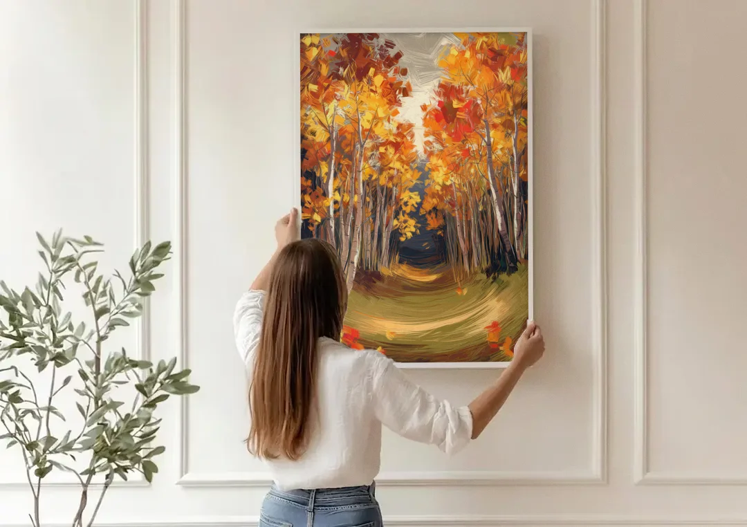 Aspen Quaking Leaves canvas wall art being hung on a paneled wall