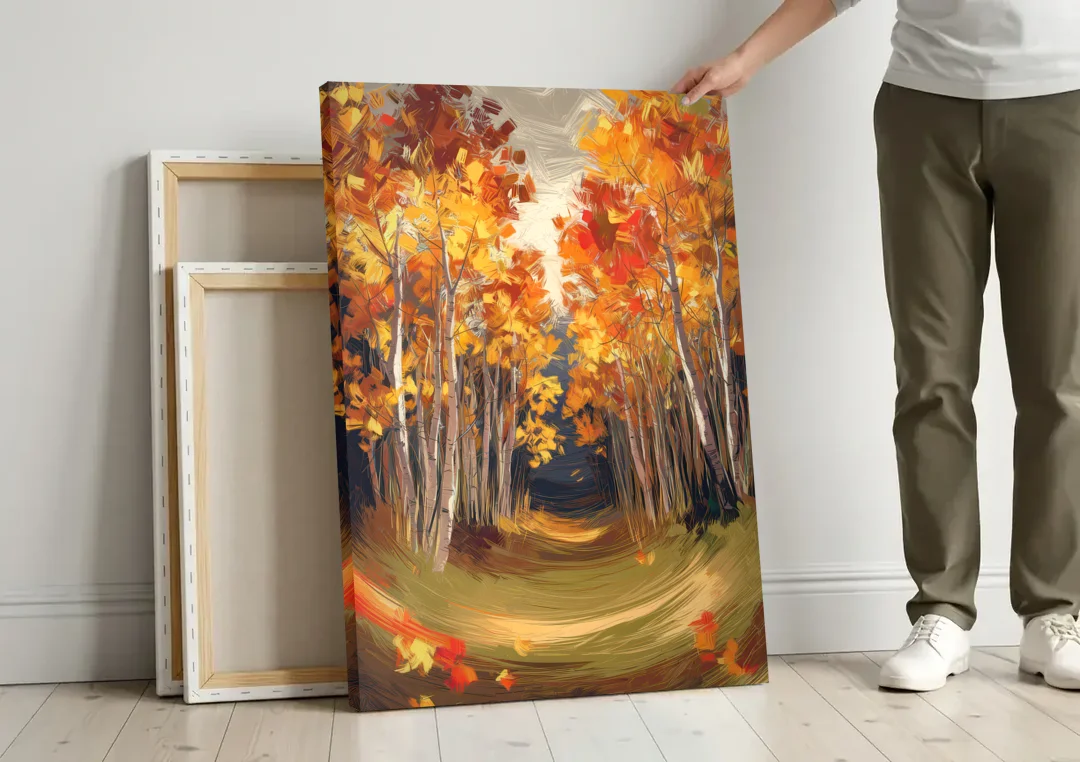 Aspen Quaking Leaves canvas wall art leaning against a wall next to blank canvases