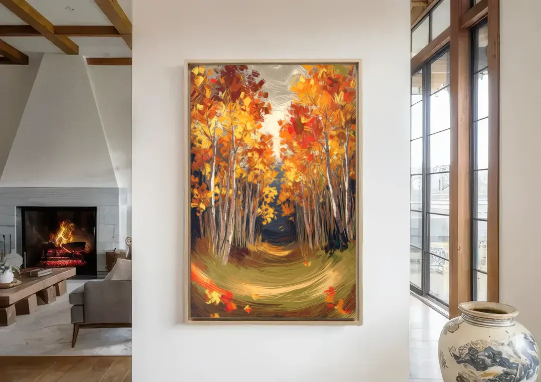 Aspen Quaking Leaves canvas wall art in a living room with a fireplace