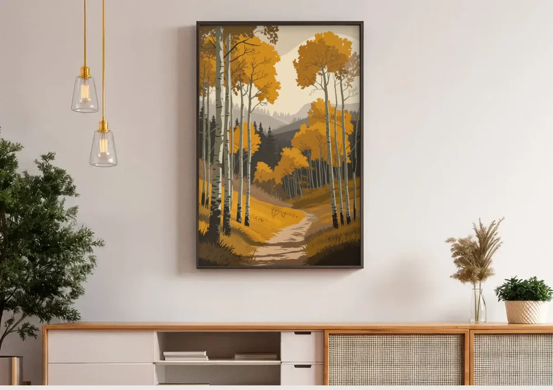 Aspen Rustic Charm canvas wall art above a wooden sideboard under pendant lights