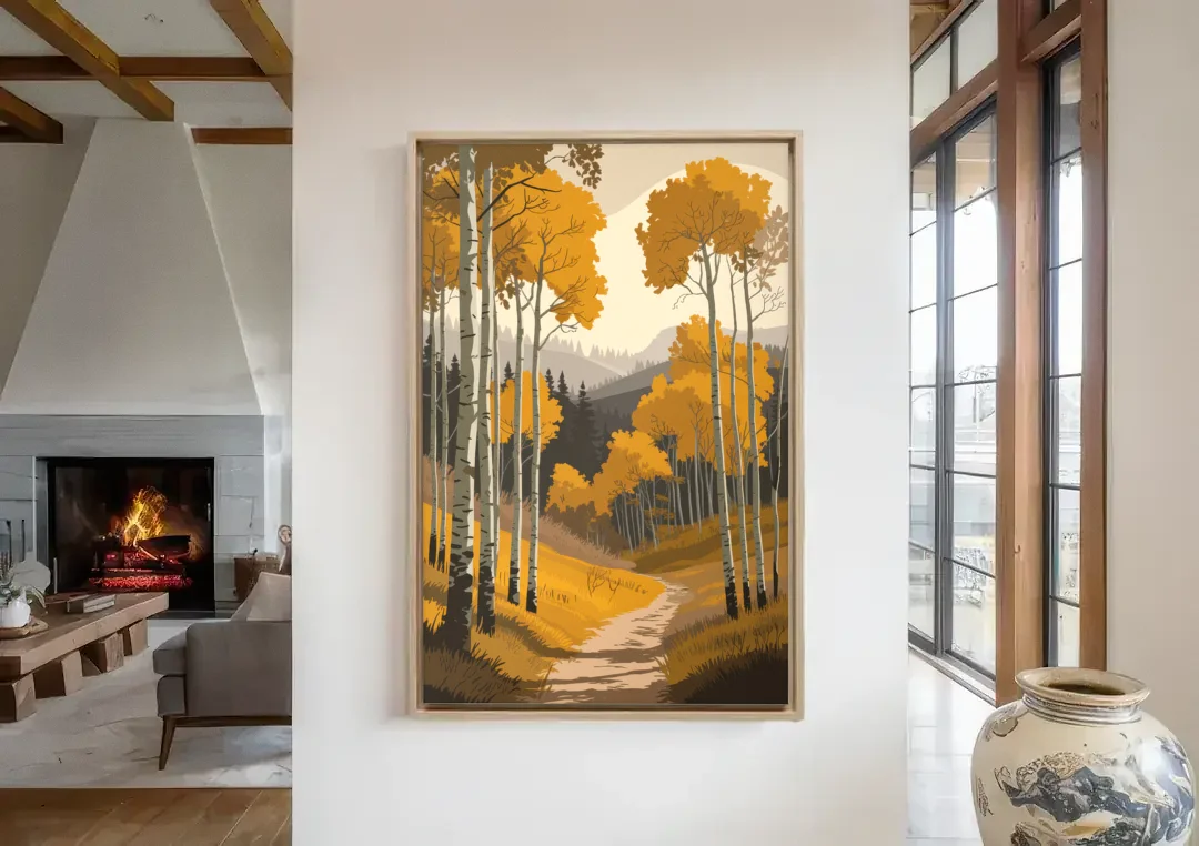 Aspen Rustic Charm canvas wall art in a living room with a fireplace