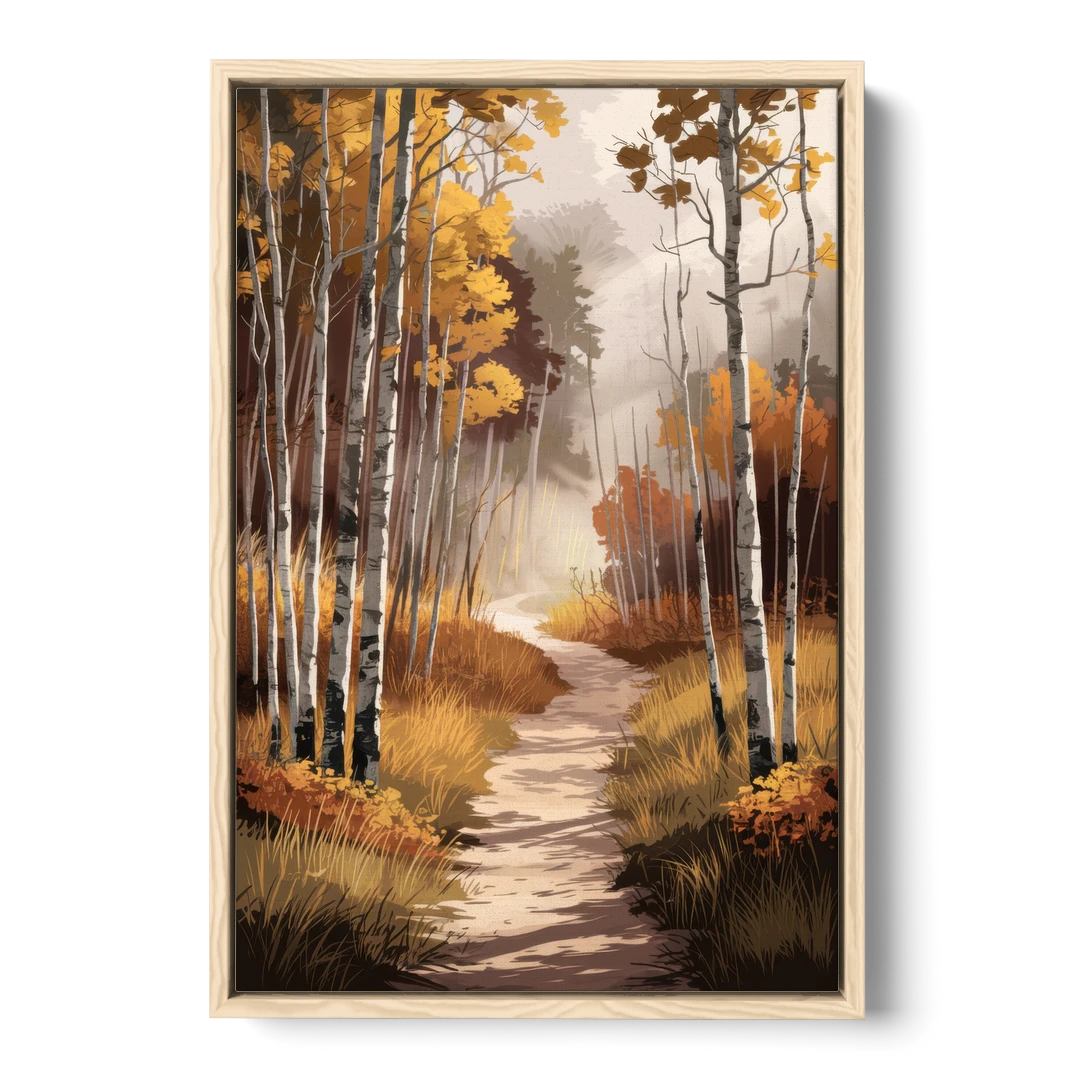 Aspen Serene Forest Path - Oak Framed Canvas Wall Art - Front