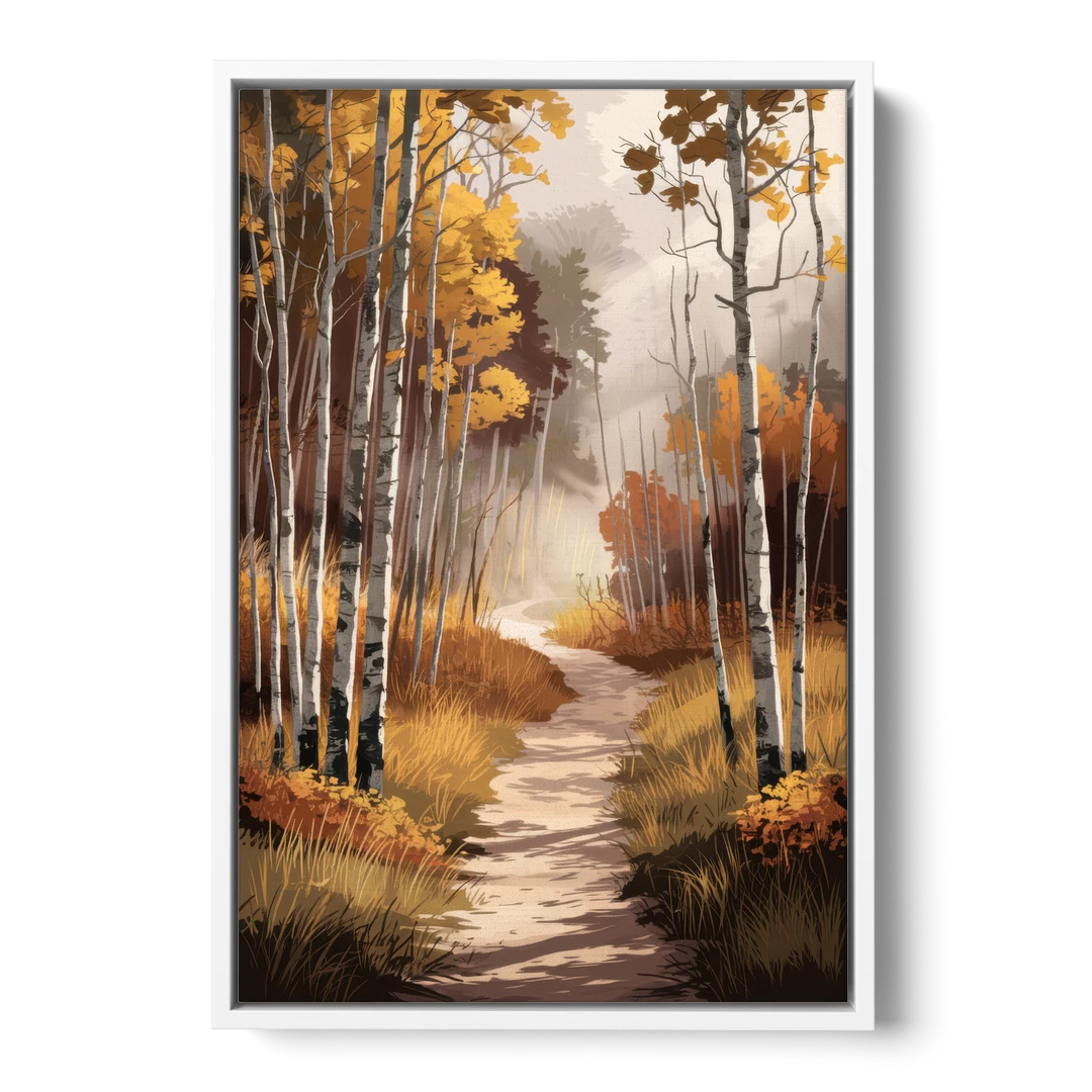Aspen Serene Forest Path - White Framed Canvas Wall Art - Front