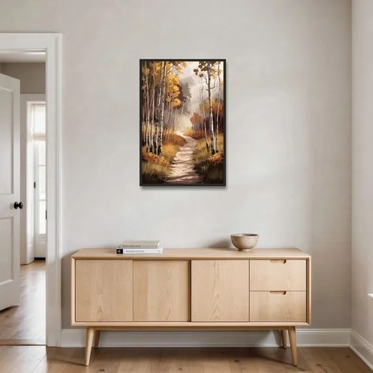 Aspen Serene Forest Path - Black Framed Canvas Wall Art - Coffee Table - 24x36