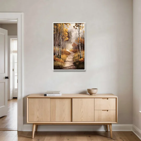Aspen Serene Forest Path - White Framed Canvas Wall Art - Coffee Table - 24x36