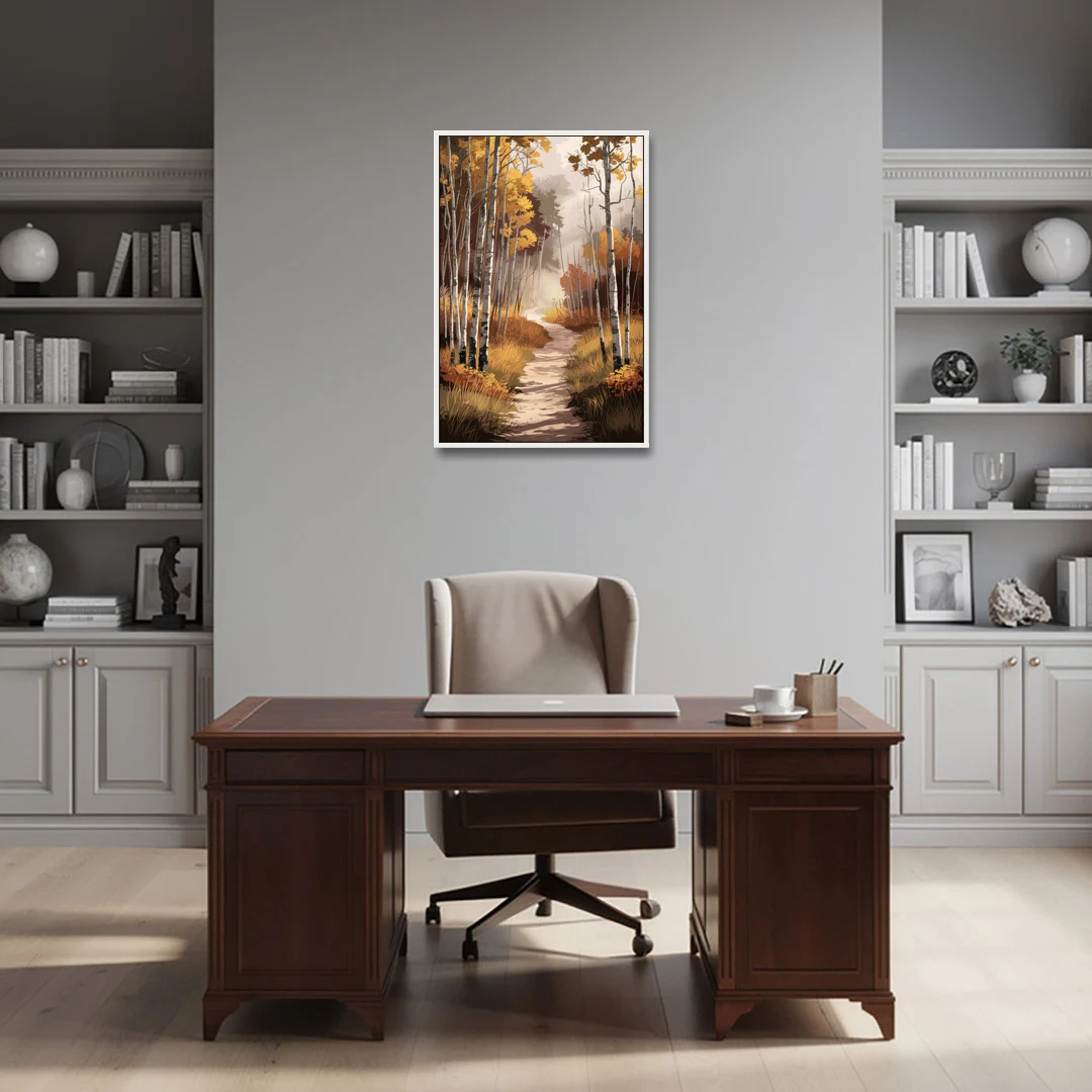 Aspen Serene Forest Path - White Framed Canvas Wall Art - Office - 24x36