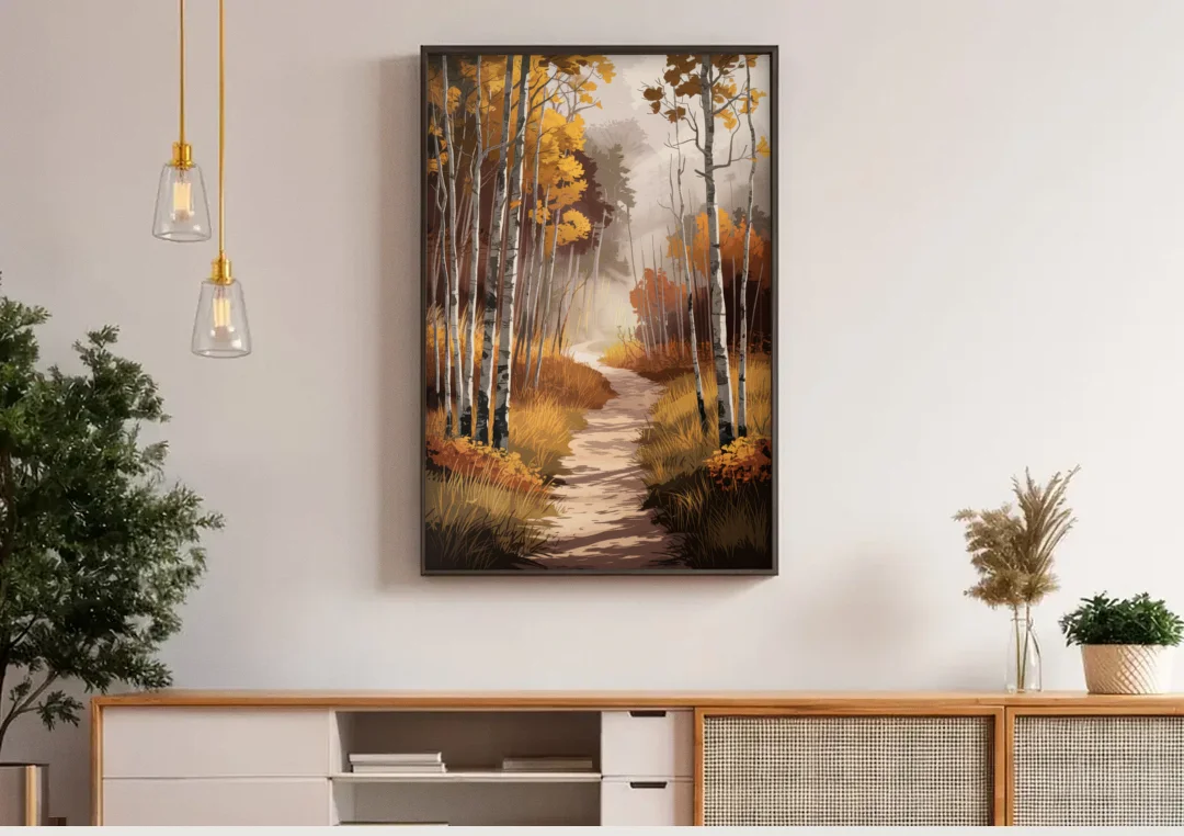 Aspen Serene Forest Path canvas wall art above a wooden sideboard under pendant lights