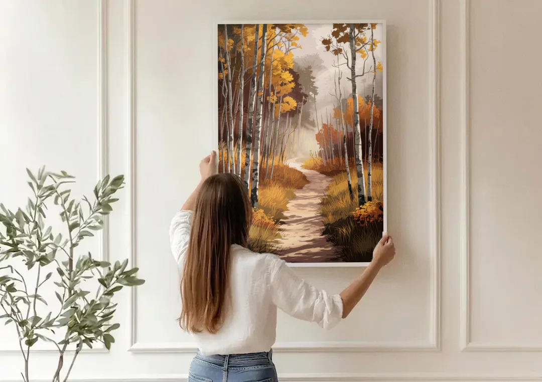 Aspen Serene Forest Path canvas wall art being hung on a paneled wall