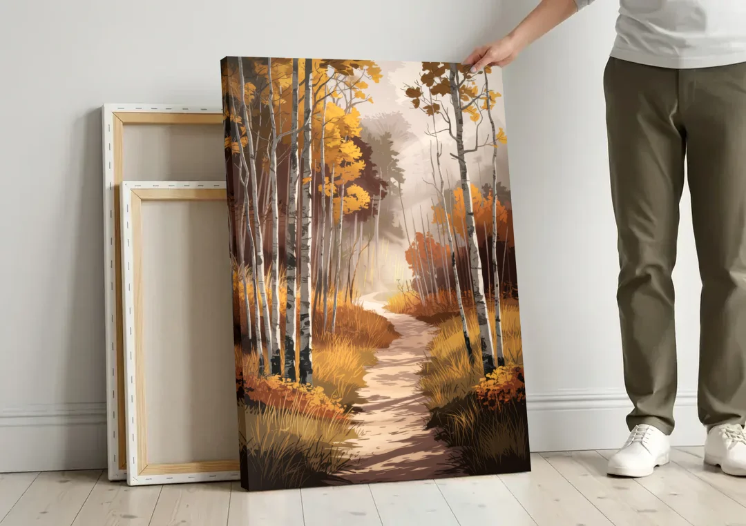 Aspen Serene Forest Path canvas wall art leaning against a wall next to blank canvases