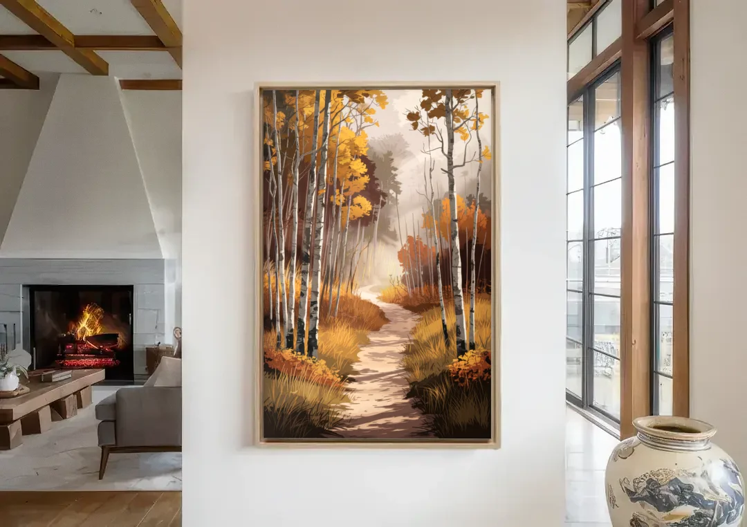 Aspen Serene Forest Path canvas wall art in a living room with a fireplace