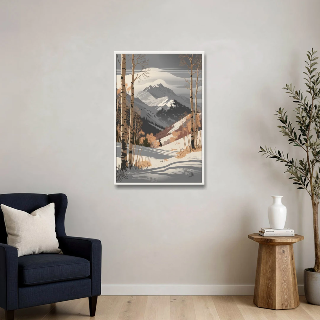 Aspen Snowy Peaks - White Framed Canvas Wall Art - Sofa - 24x36