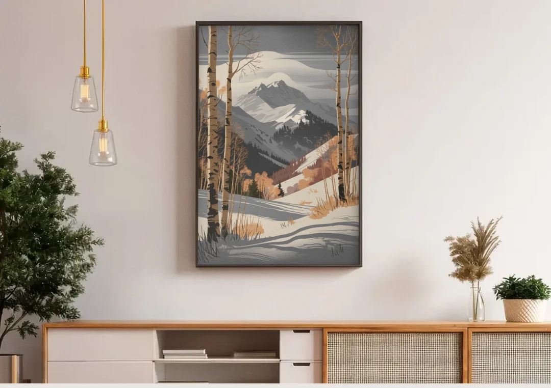 Aspen Snowy Peaks canvas wall art above a wooden sideboard under pendant lights