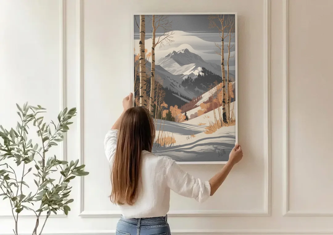Aspen Snowy Peaks canvas wall art being hung on a paneled wall
