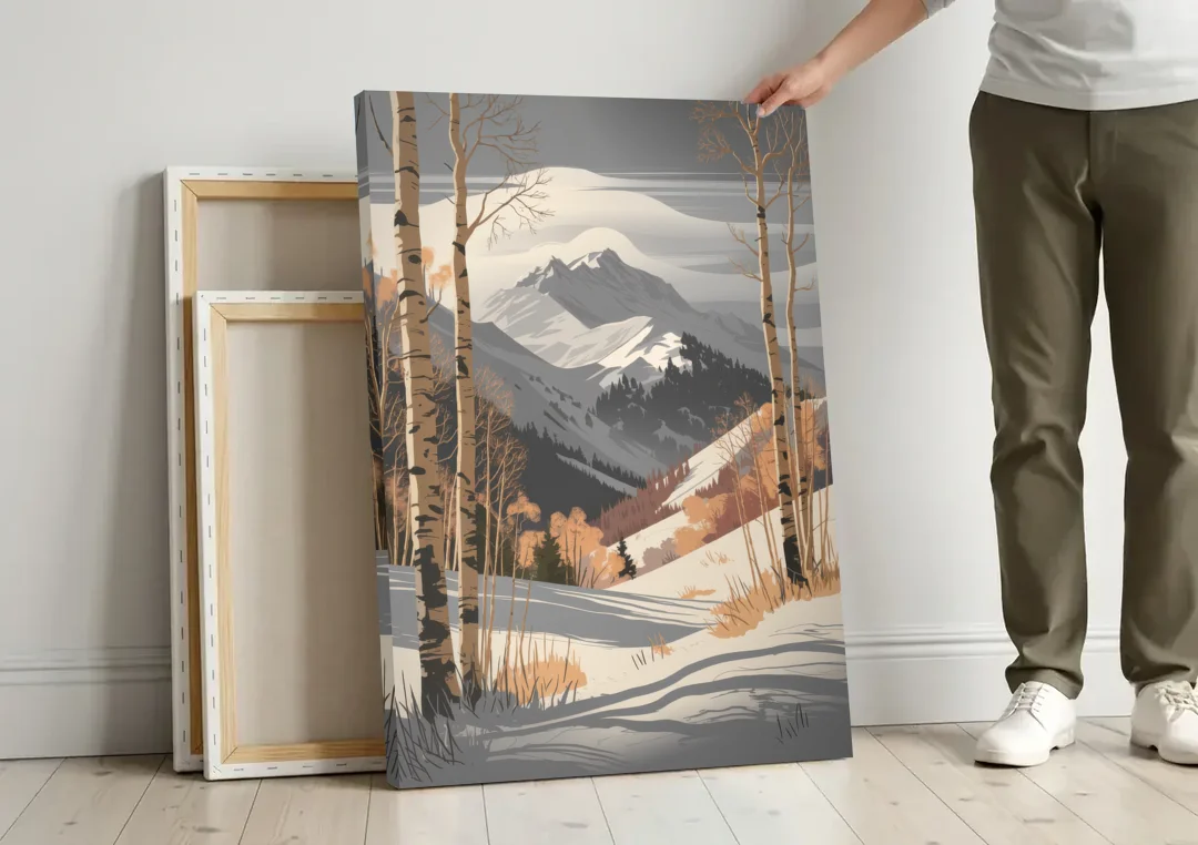 Aspen Snowy Peaks canvas wall art leaning against a wall next to blank canvases