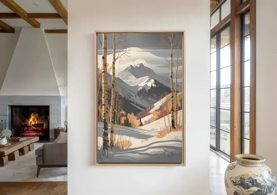 Aspen Snowy Peaks canvas wall art in a living room with a fireplace
