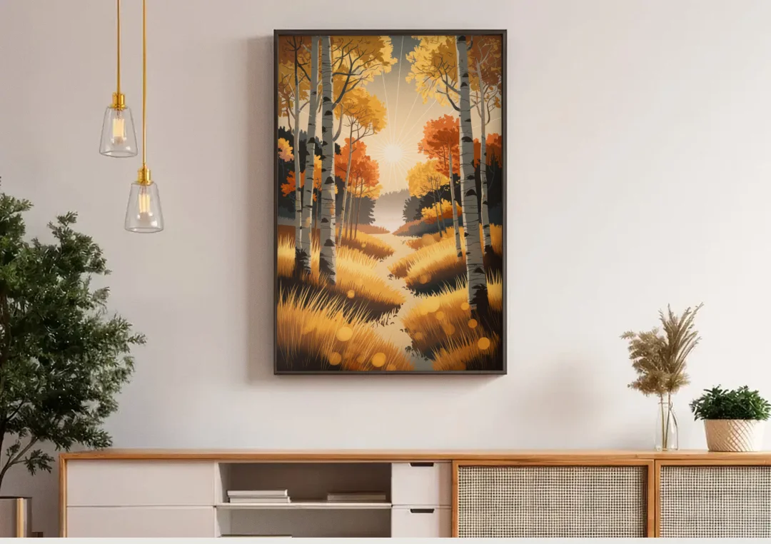 Aspen Sunrise Glow canvas wall art above a wooden sideboard under pendant lights