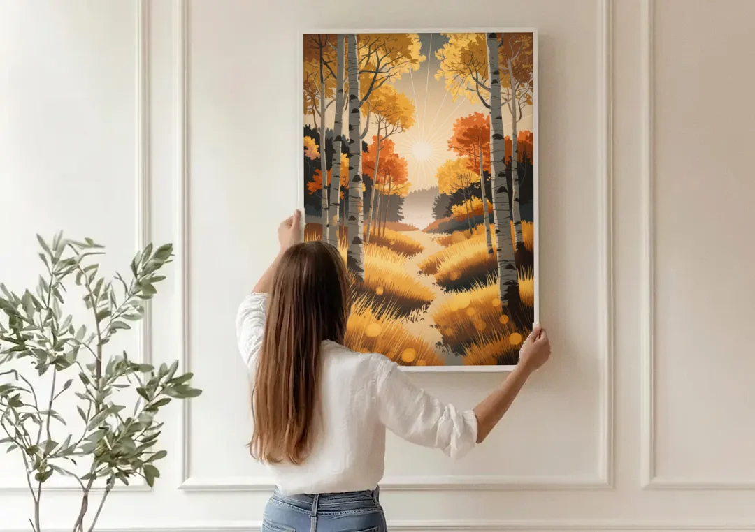 Aspen Sunrise Glow canvas wall art being hung on a paneled wall