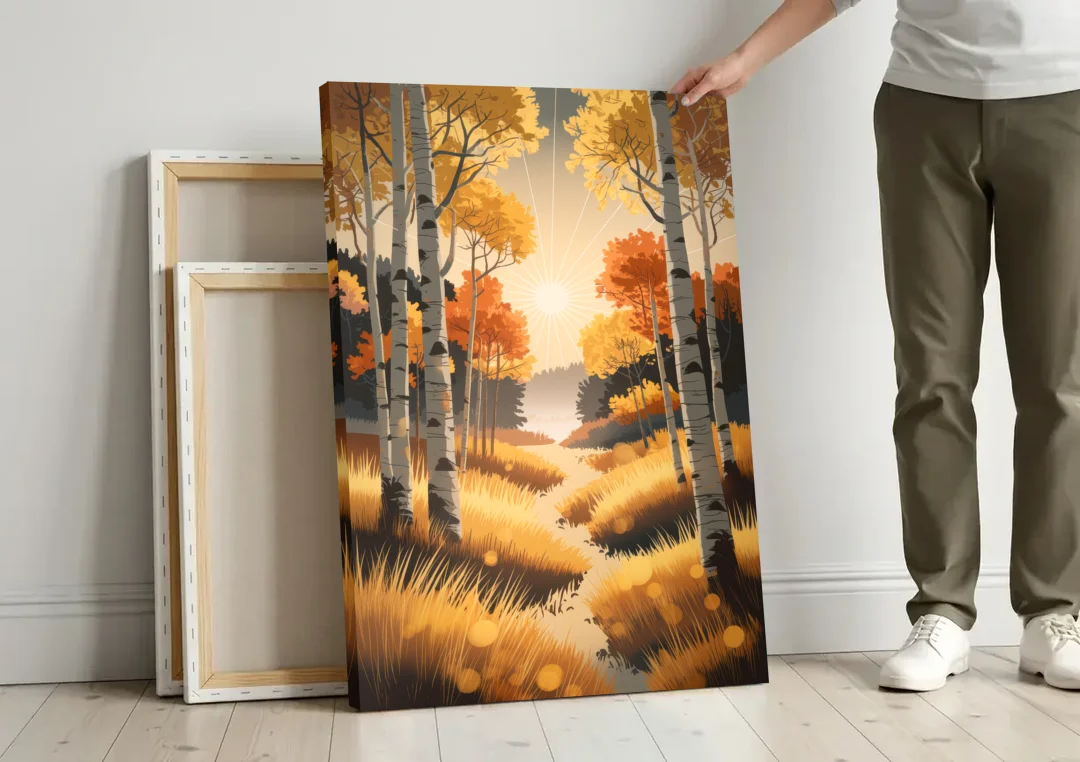 Aspen Sunrise Glow canvas wall art leaning against a wall next to blank canvases