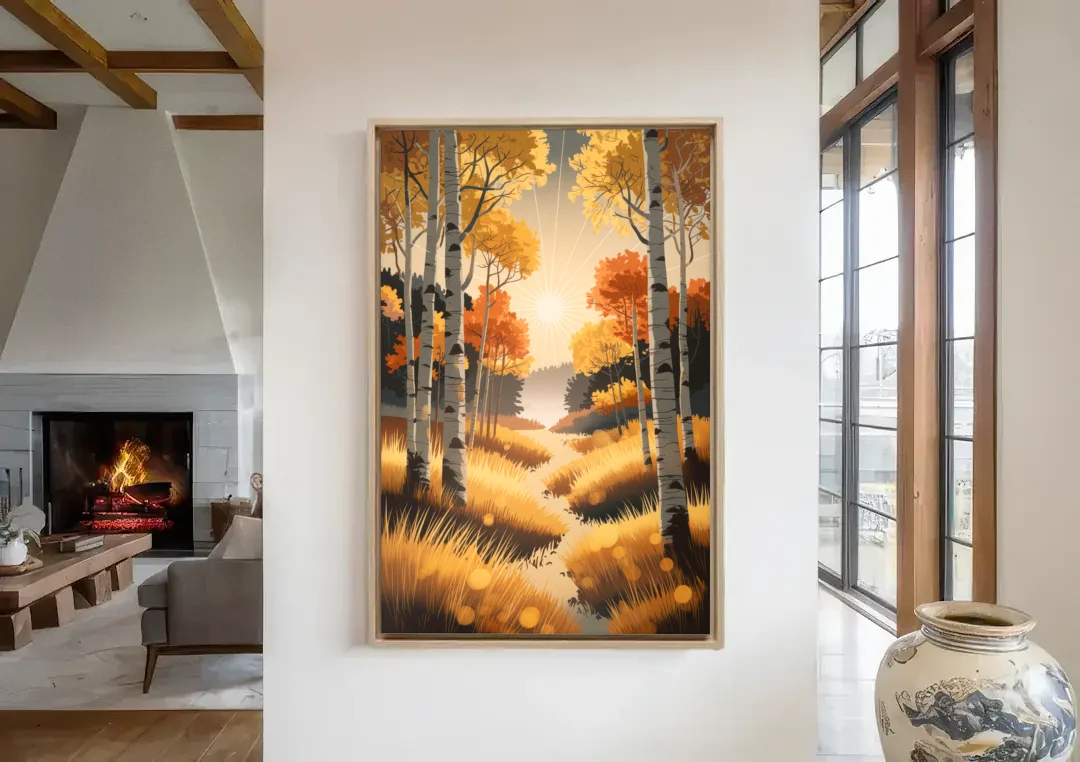Aspen Sunrise Glow canvas wall art in a living room with a fireplace