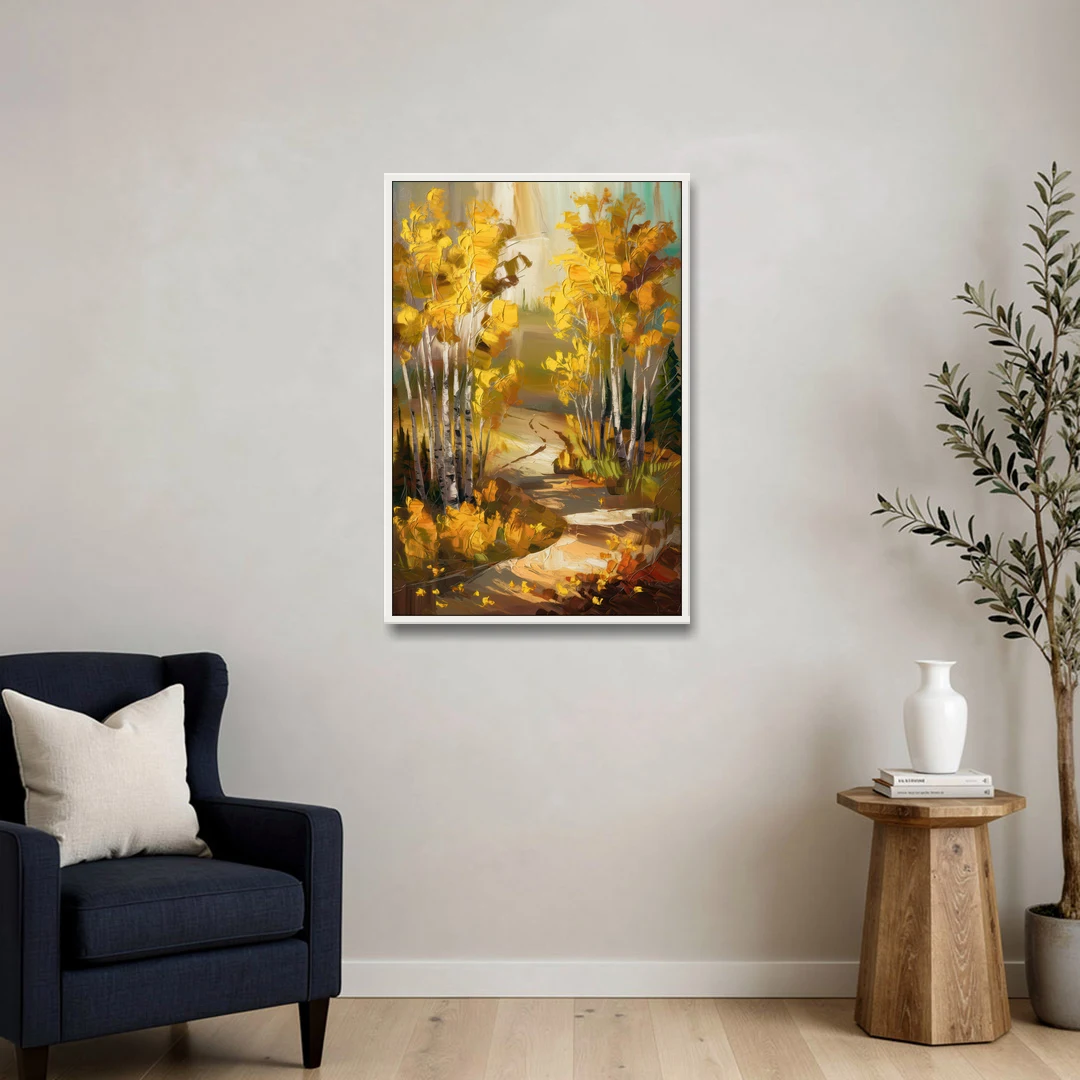 Aspen Trail Through the Trees - White Framed Canvas Wall Art - Sofa - 24x36