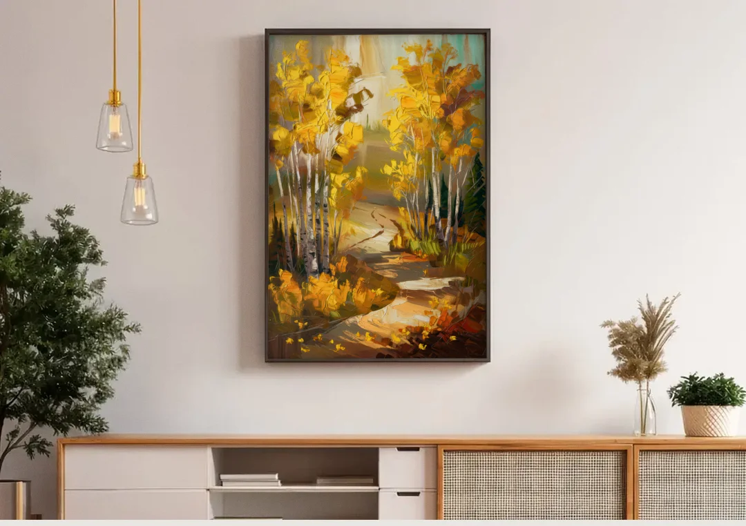 Aspen Trail Through the Trees canvas wall art above a wooden sideboard under pendant lights