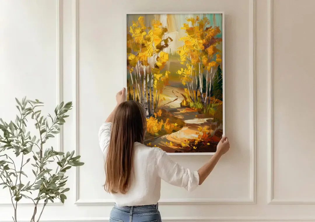 Aspen Trail Through the Trees canvas wall art being hung on a paneled wall
