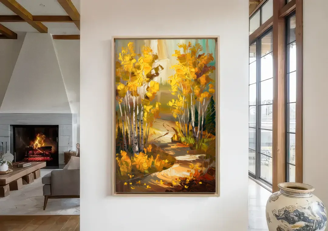 Aspen Trail Through the Trees canvas wall art in a living room with a fireplace