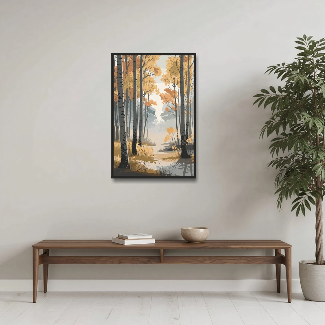 Aspen Tranquil Woodland - Black Framed Canvas Wall Art - Coffee Table - 24x36