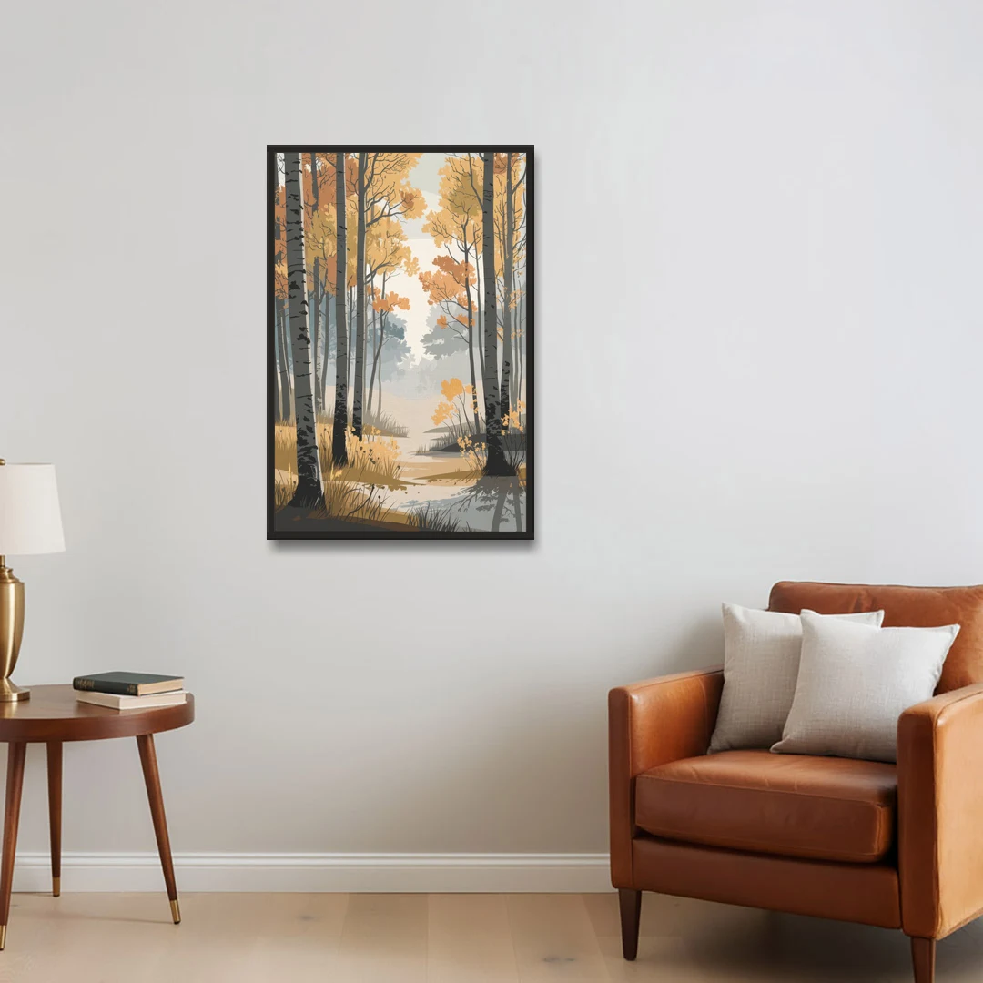 Aspen Tranquil Woodland - Black Framed Canvas Wall Art - Sofa - 24x36