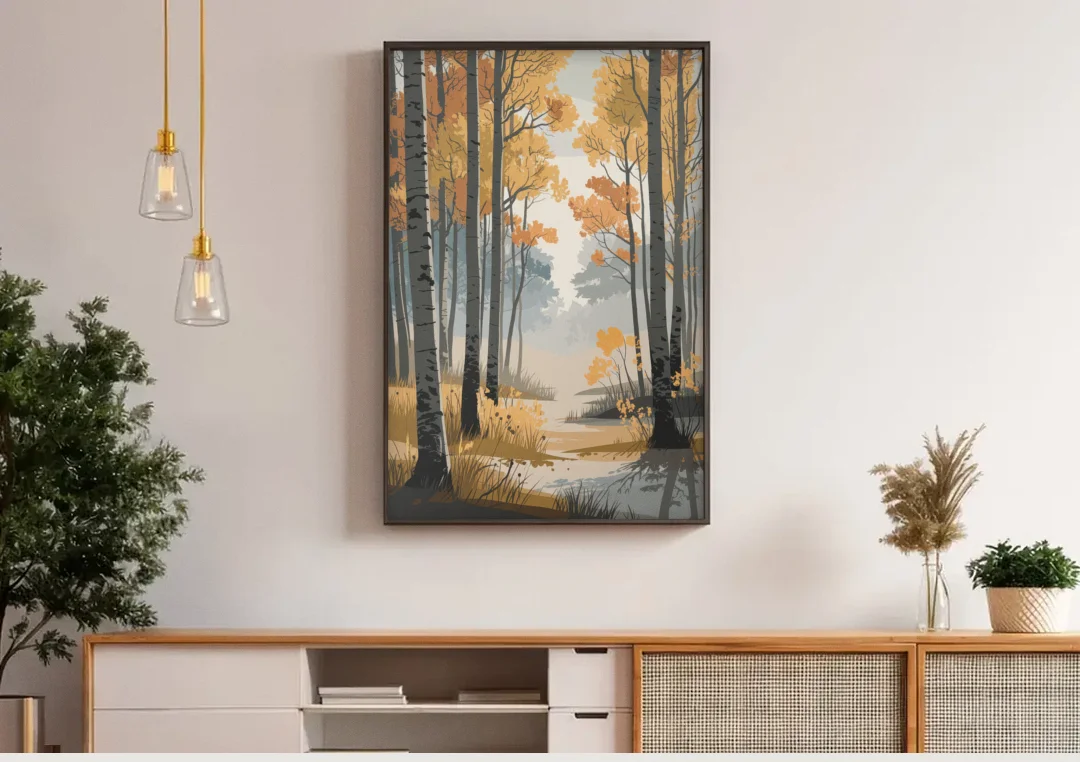 Aspen Tranquil Woodland canvas wall art above a wooden sideboard under pendant lights