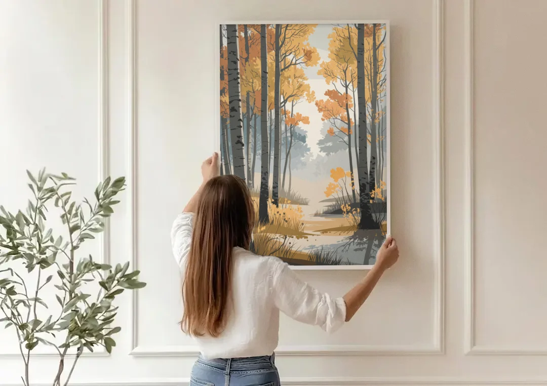 Aspen Tranquil Woodland canvas wall art being hung on a paneled wall