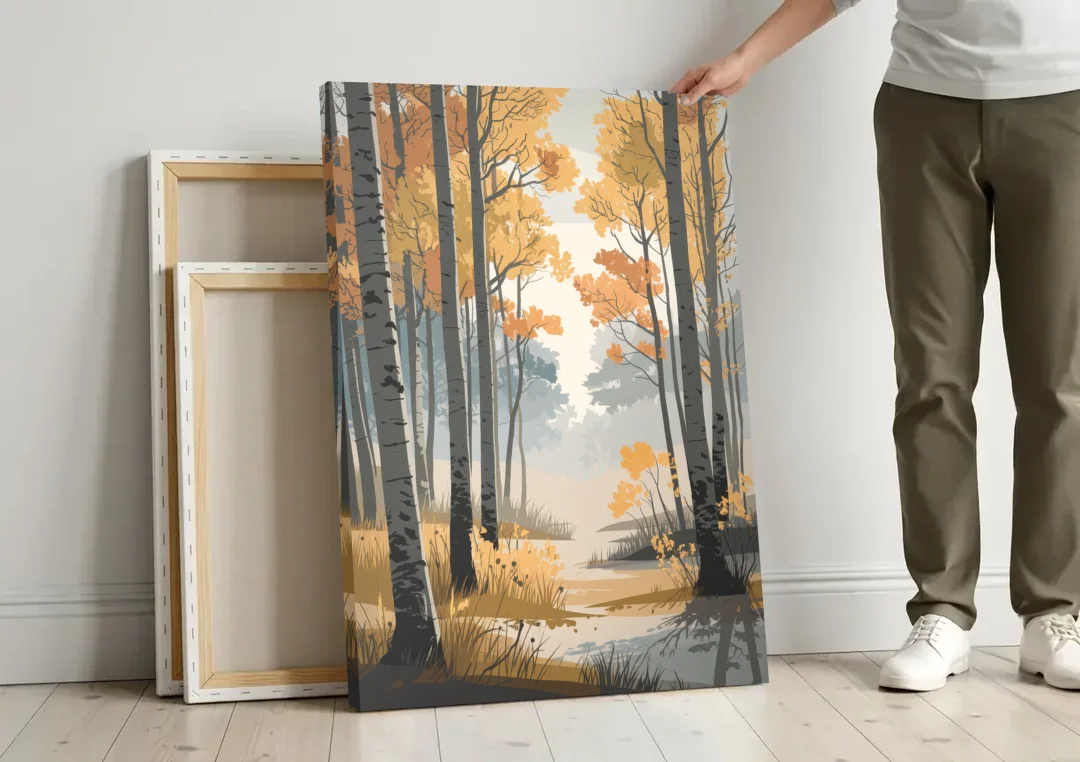 Aspen Tranquil Woodland canvas wall art leaning against a wall next to blank canvases