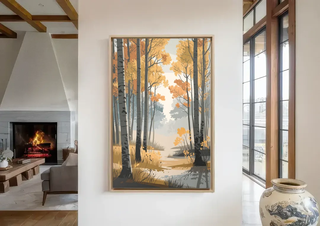 Aspen Tranquil Woodland canvas wall art in a living room with a fireplace