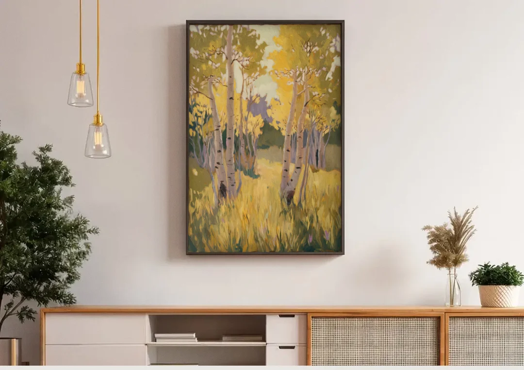 Aspen Tranquility canvas wall art above a wooden sideboard under pendant lights