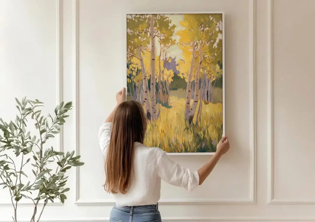 Aspen Tranquility canvas wall art being hung on a paneled wall