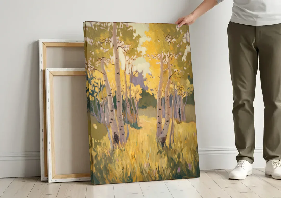 Aspen Tranquility canvas wall art leaning against a wall next to blank canvases