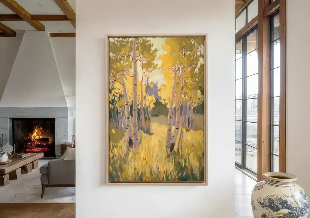 Aspen Tranquility canvas wall art in a living room with a fireplace