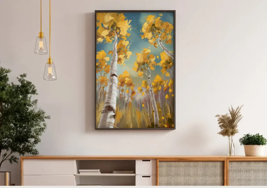Aspen Tree Canopy canvas wall art above a wooden sideboard under pendant lights
