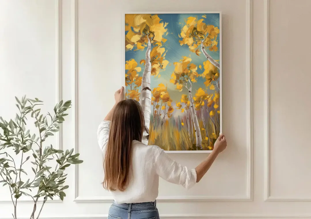 Aspen Tree Canopy canvas wall art being hung on a paneled wall