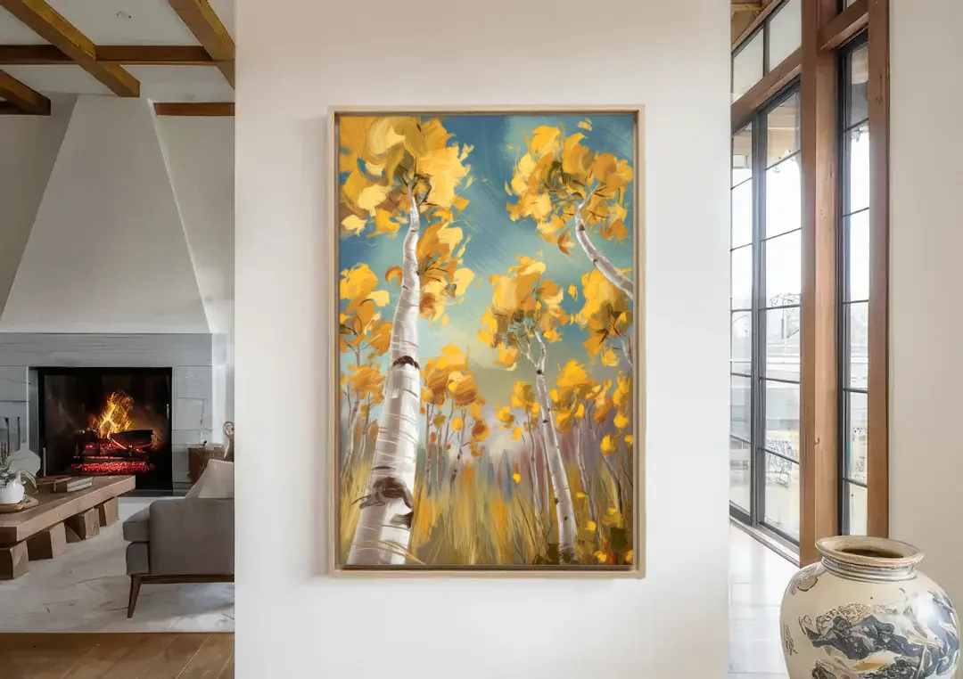 Aspen Tree Canopy canvas wall art in a living room with a fireplace